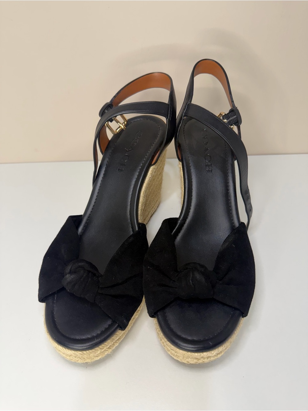 Coach Black Espadrille Wedge Sandals with Bow Accent